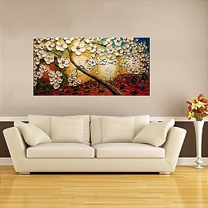 Quadro - Pintura em Tela Árvores Modernas Flores Espatuladas Efeito 3d