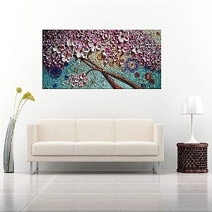 Quadro Decorativo Pintura Árvore Cerejeira  Rosa e Lilá e Fundo Azul chiclete