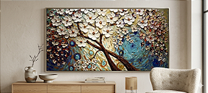Quadro pintado a mão Árvore Cerejeira com Galhos Entrelaçados fundo Azul