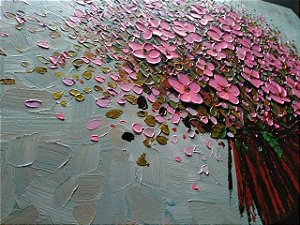 Pintura em Tela Quadro Buquê Rosa Chiclete com Relevos de Tinta