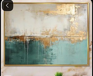 Pintura em tela quadro abstrato em verde e dourado
