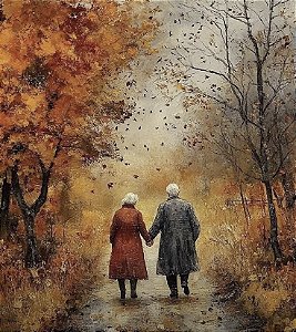 Pintura em tela quadro paisagem com casal idosos