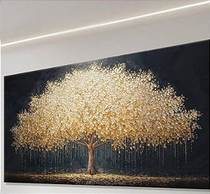 Quadro pintado a mão com relevos de tinta em dourado Árvore da vida