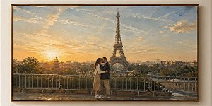 Pintura em tela quadro Casal em Paris