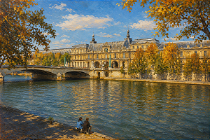 Paisagem Parisiense às Margens do Sena — Pintura a Óleo sobre Tela