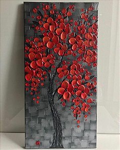 Quadro decorativo Pintura em Tela Árvores Cerejeira Flores Vermelhas