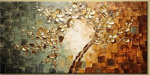 Quadro Decorativo Pintura em Tela Árvore Cerejeira Flores Douradas