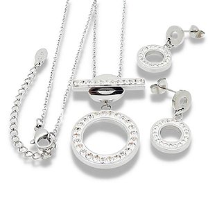 CONJUNTO COLAR E BRINCOS AÇO INOX ROUND SWAROVSKI