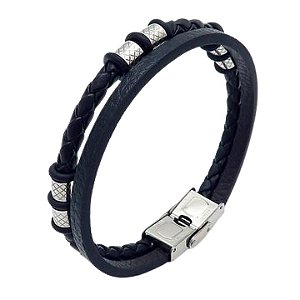 PULSEIRA MASCULINA DE COURO COM AÇO INOX DUBLE