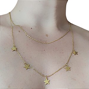 COLAR ESTRELAS AÇO INOX CIRÚRGICO COM OURO 18K CHOKER ESPELHADO