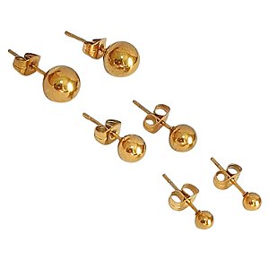 KIT 3 PARES BRINCOS BOLINHA  DE AÇO COM OURO 18K