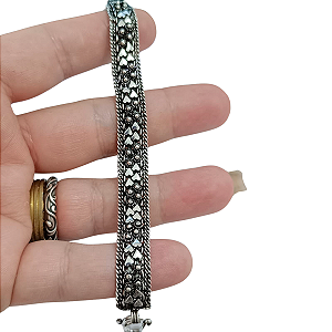 Pulseira Prata de Bali Esteira Fileira Dupla Corações - 19 cm