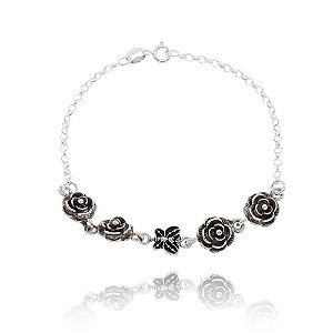 PULSEIRA PRATA DE BALI MODELO ROSINHAS E BORBOLETA - 09527