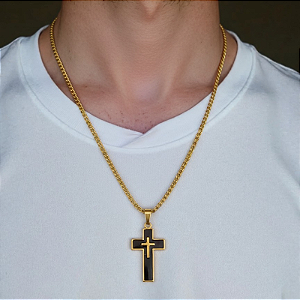Colar Masculino Corrente Grumet Cruz Black Dupla Face