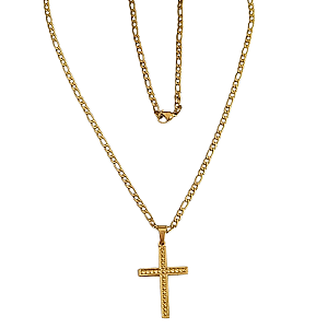 Colar Masculino Corrente 3x1 com Cruz Trabalhada em Aço com Ouro 18K