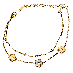 Pulseira Feminina de Aço com Ouro 18K Dupla Flower Pearl