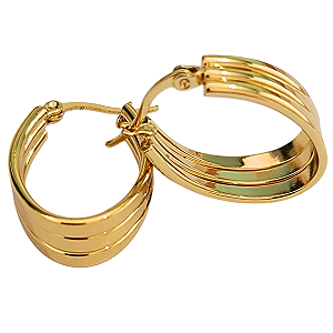 Brinco Argola Oval Dourada Aço com Ouro 18K 3 Fios