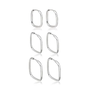 Trio de Brincos Argola Quadrada em Prata – Fio Redondo - Minimalismo e Versatilidade em 3 Tamanhos