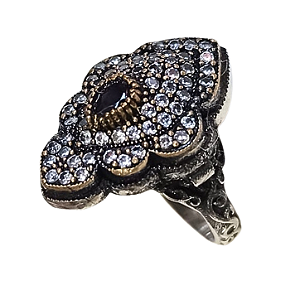 Anel Flor Imperial em Prata Turca com Zircônia Azul Safira e Zircônias Brancas