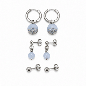 Kit Trio de Brincos Aço Cirúrgico com Pedra Natural Calcedonia