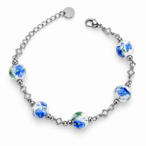 Pulseira de Aço Cirúrgico com Cerâmica Floral Blue Jeans