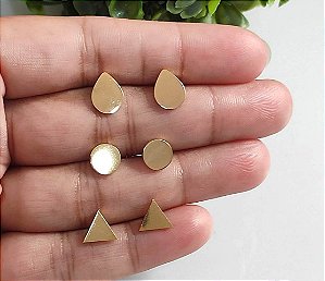 KIT TRIO DE BRINCOS GEOMÉTRICOS AÇO COM OURO 18K