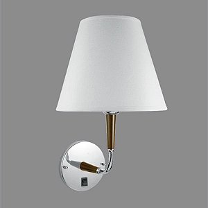 Arandela Interna Cromada c/Interruptor Cúpula Tecido Braço Madeira Golden Art E-27 P352 Corredores e Salas