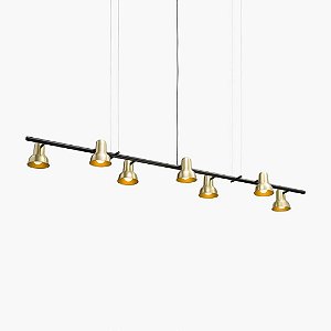 Lustre Escriba 7 Foco Sino Horizontal Alumínio Dourado 170cm Golden Art 7x E27 Bivolt T1810-7 Escritórios e Mesas
