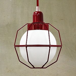 Pendente Aramado Colorido Vermelho Cúpula Vidro Leitoso 20x28 Aramis Golden Art E-27 T241-1 Salas e Hall