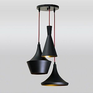 Pendente Triplo Conico Moderno Metal Cabo Ø40cm Golden Art 3x Lâmpadas E27 Bivolt T9080-3 Cozinhas e Entradas