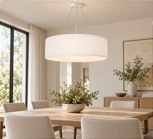 Pendente Seda Pregueada Redondo Tecido Bege 20x60cm Golden Art 3x Lâmpadas E27 Bivolt T973 Cozinhas e Quartos