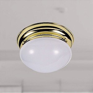 Plafon Redondo Inox Dourado Vidro Leitoso Sobrepor Ø23 Colonial Golden Art E-27 T151 Quartos e Salas