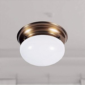 Plafon Redondo Vintage Bronze Cúpula Vidro Leitoso Ø23cm Colonial Golden Art E-27 T152 Quartos e Salas