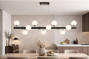 Pendente Haste Reta Metal Esferas Vidro Branco 35x130cm Old Artisan 13x G9 Halopin Bivolt PD-5208 Salas e Hall
