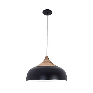 Pendente Ícone Redondo Preto Fosco Madeira Altura Regulável Bivolt Ø45cm E-27 Eletrônica Munclair 4617 Cozinhas e Salas