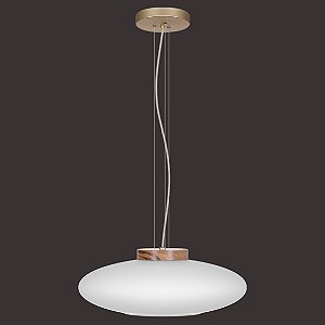 Pendente Dueluci Nave 404-G Vidro Branco Fosco Madeira Alumínio Ø50cm x A18cm LED 15W 3000K 2200Lm Bivolt Linha Design Moderno