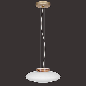 Pendente Dueluci Nave 404-P Vidro Branco Fosco Madeira Alumínio Ø40cm x A15cm LED 15W 3000K 2200Lm Bivolt Linha Design Moderno