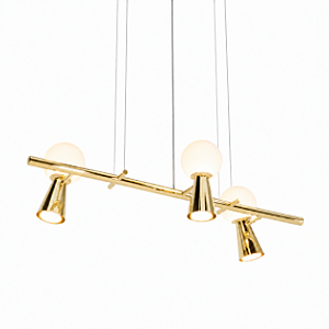 (Latão - Especiais) Lustre PIVÔ Linear 3 Bolas de Vidro e Spots – Golden Art Iluminação T9900-3LT