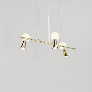 Lustre PIVÔ Linear em Latão com 3 Bolas de Vidro e Spots – Golden Art Iluminação T9900-3LT
