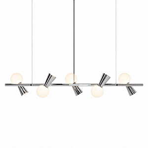 (Latão - Especiais) Lustre PIVÔ Linear 5 Bolas de Vidro e Spots – Golden Art Iluminação T9900-5LT
