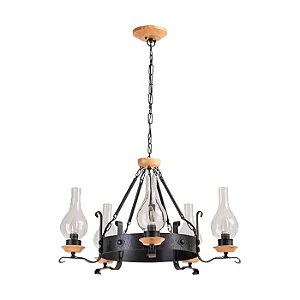 Lustre Madelustre Oxford 5 Lâmpadas 70cm Castanho Preto com Vidro Cristal 3076-5