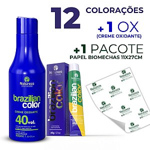 Combo 12 Colorações de Cabelo Brazilian Color + 1 OX de 900ml + Papel Bio Mechas 11x27 C/ 200 Unidades