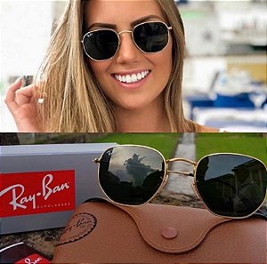 Óculos de Sol Ray-Ban Hexagonal Lente Preto Metal Dourado Feminino e Masculino