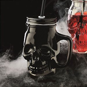 Caneca de Vidro Caveira Skull com tampa e canudo - black