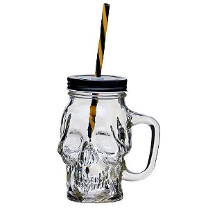 Caneca de Vidro Caveira Skull com tampa e canudo