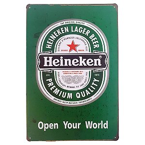Placa de Metal Decorativa Heineken Open Your World- 30,5 x 15,5 cm