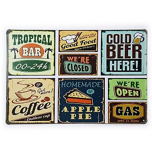 Placa de Metal Food Bar Beer and Coffee - 30 x 20 cm