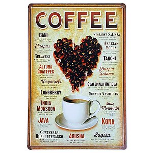 Placa de metal decorativa Retrô Coffee Types