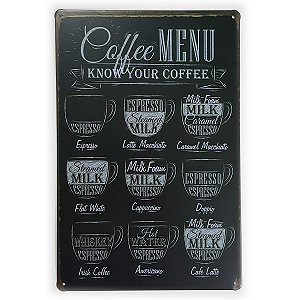 Placa de Metal Coffee Menu - 30 x 20 cm
