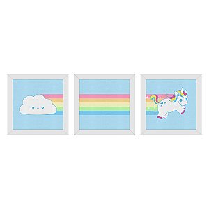 Set de Quadros Nuvem Arco Íris Unicórnio